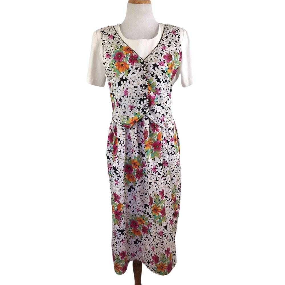 Miss Dorby Peasant Midi Dress Lagenlook Short Sleeves Floral Size 10 Vintage